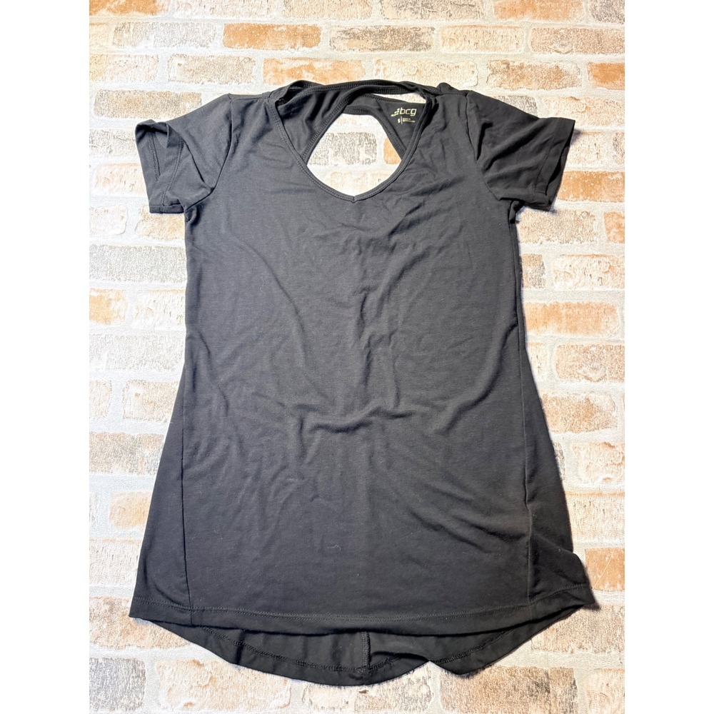 BCG‎ Womens Black Short Sleeve V-Neck Activewear Top Keyhole Back Size Small